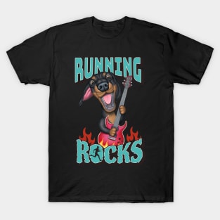 Cute Doxie Dachshund Dog with guitar on Running Rocks tee T-Shirt